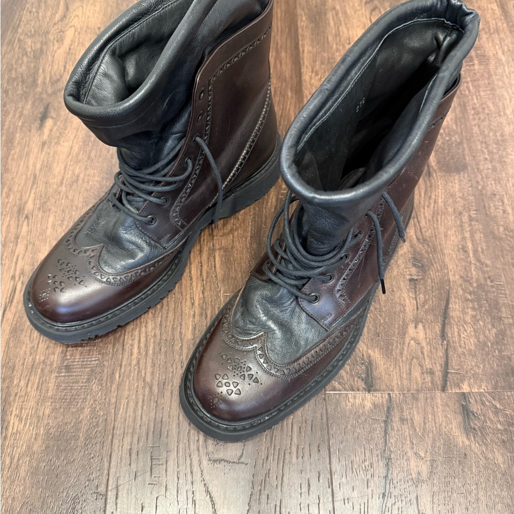 Prada Dark Brown and Black Leather Lace-Up Boots- Size 9- New without tags